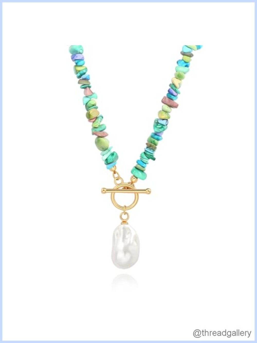 18K Gold Plated Toggle Necklace Turquoise Beaded Baroque Pearl Pendant